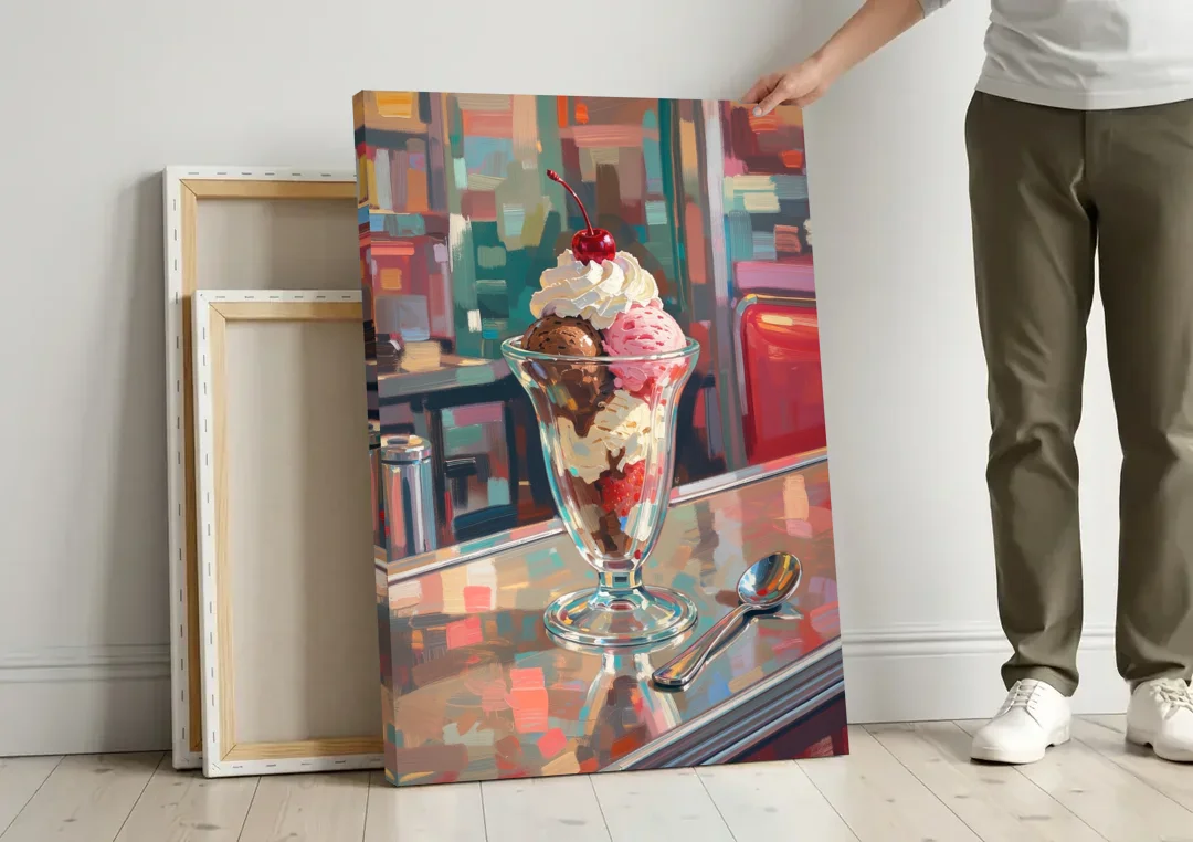 Retro Diner Decor Sundae on the Counter canvas wall art leaning against a wall next to blank canvases