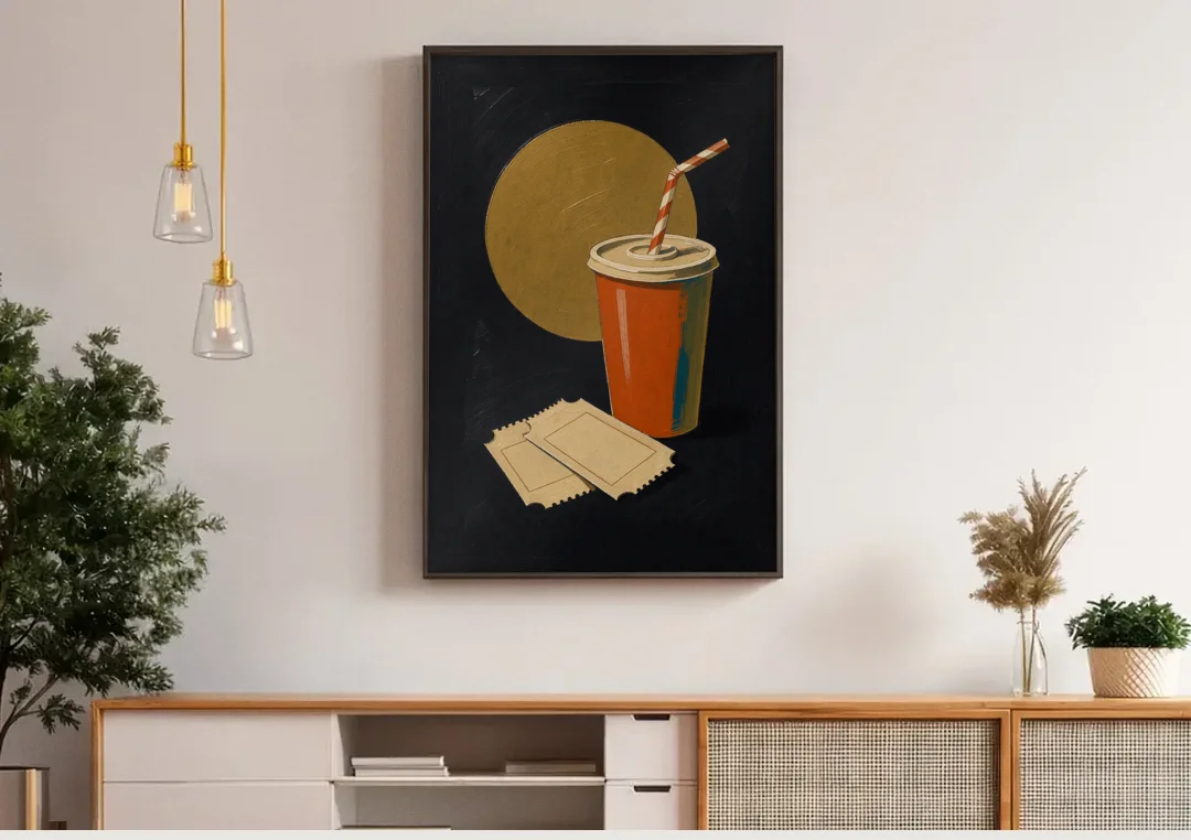 Retro Movie Wall Art with Soda and Tickets canvas wall art above a wooden sideboard under pendant lights
