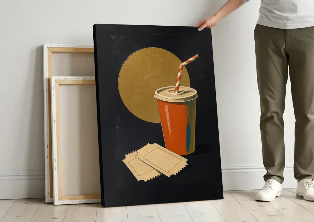 Retro Movie Wall Art with Soda and Tickets canvas wall art leaning against a wall next to blank canvases