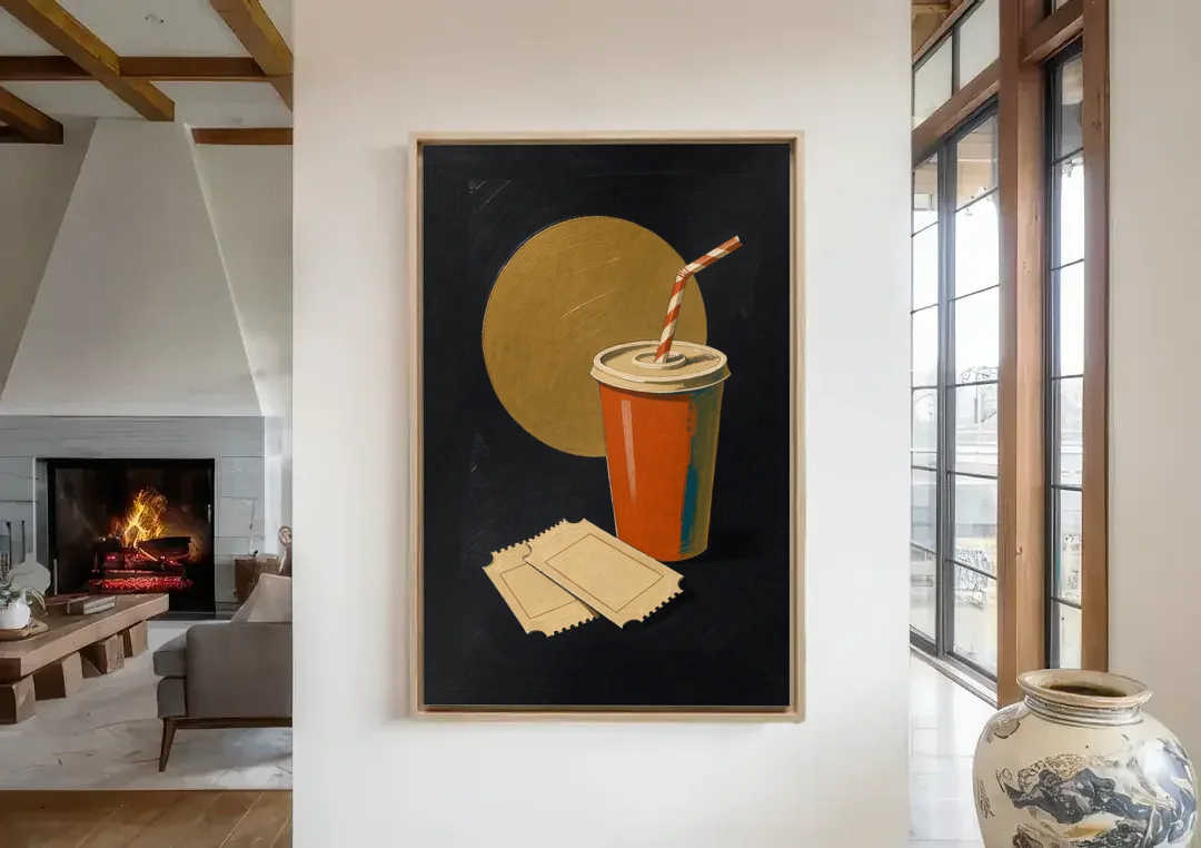 Retro Movie Wall Art with Soda and Tickets canvas wall art in a living room with a fireplace