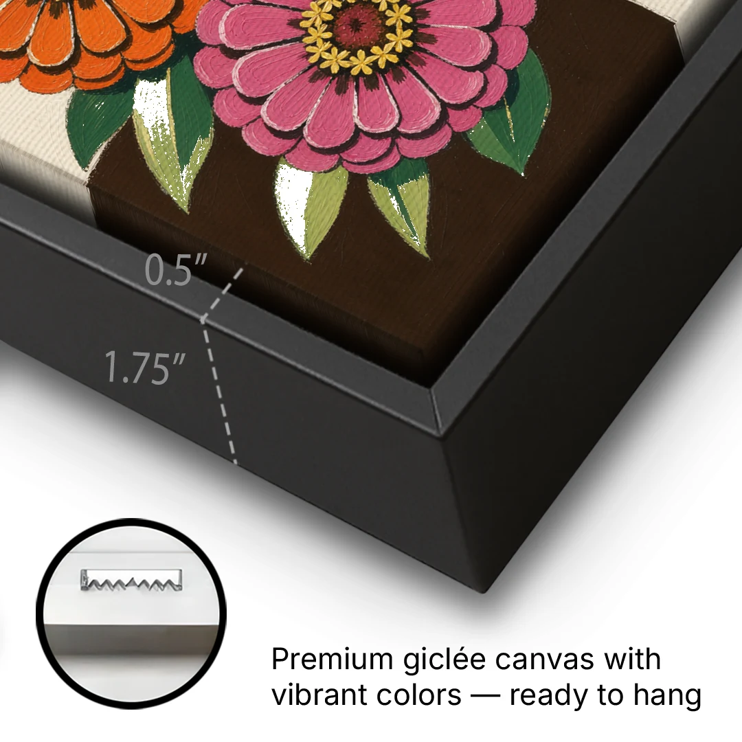Retro Pink and Orange Zinnia Cluster - Black Framed Canvas Wall Art - Gallery Wrap Corner