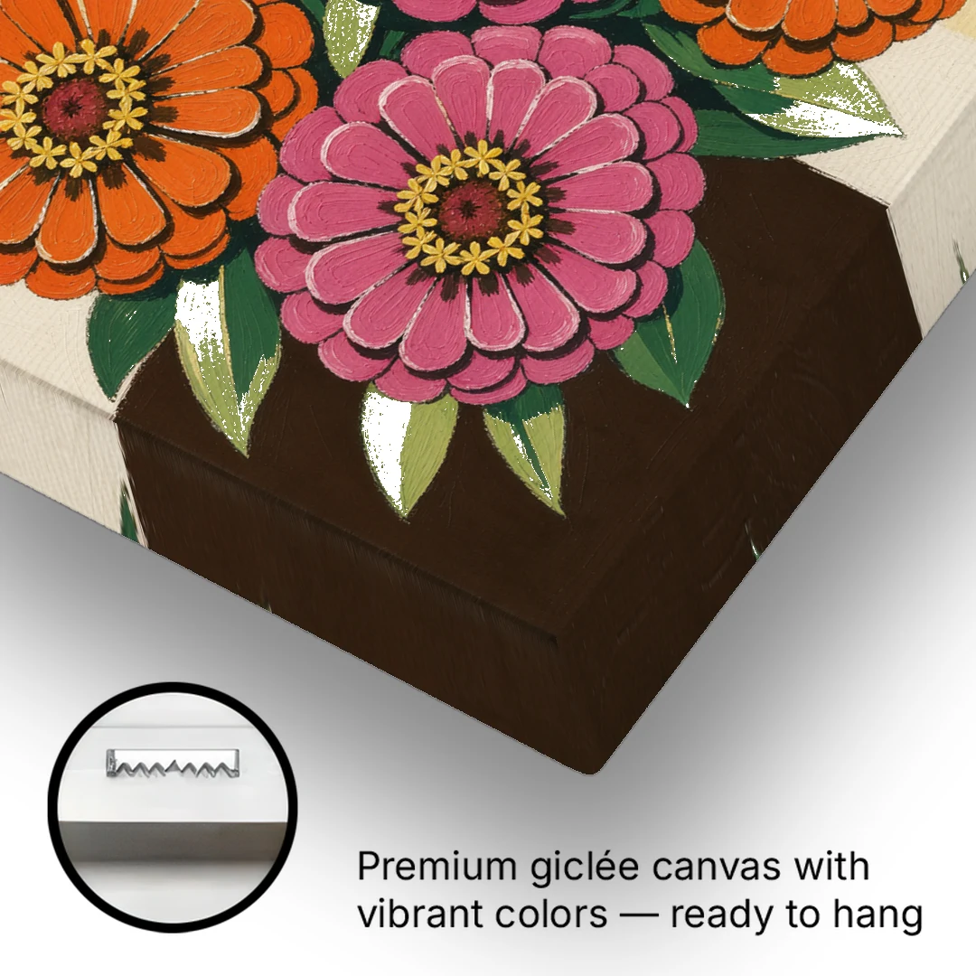 Retro Pink and Orange Zinnia Cluster - Canvas Wall Art - Gallery Wrap Corner