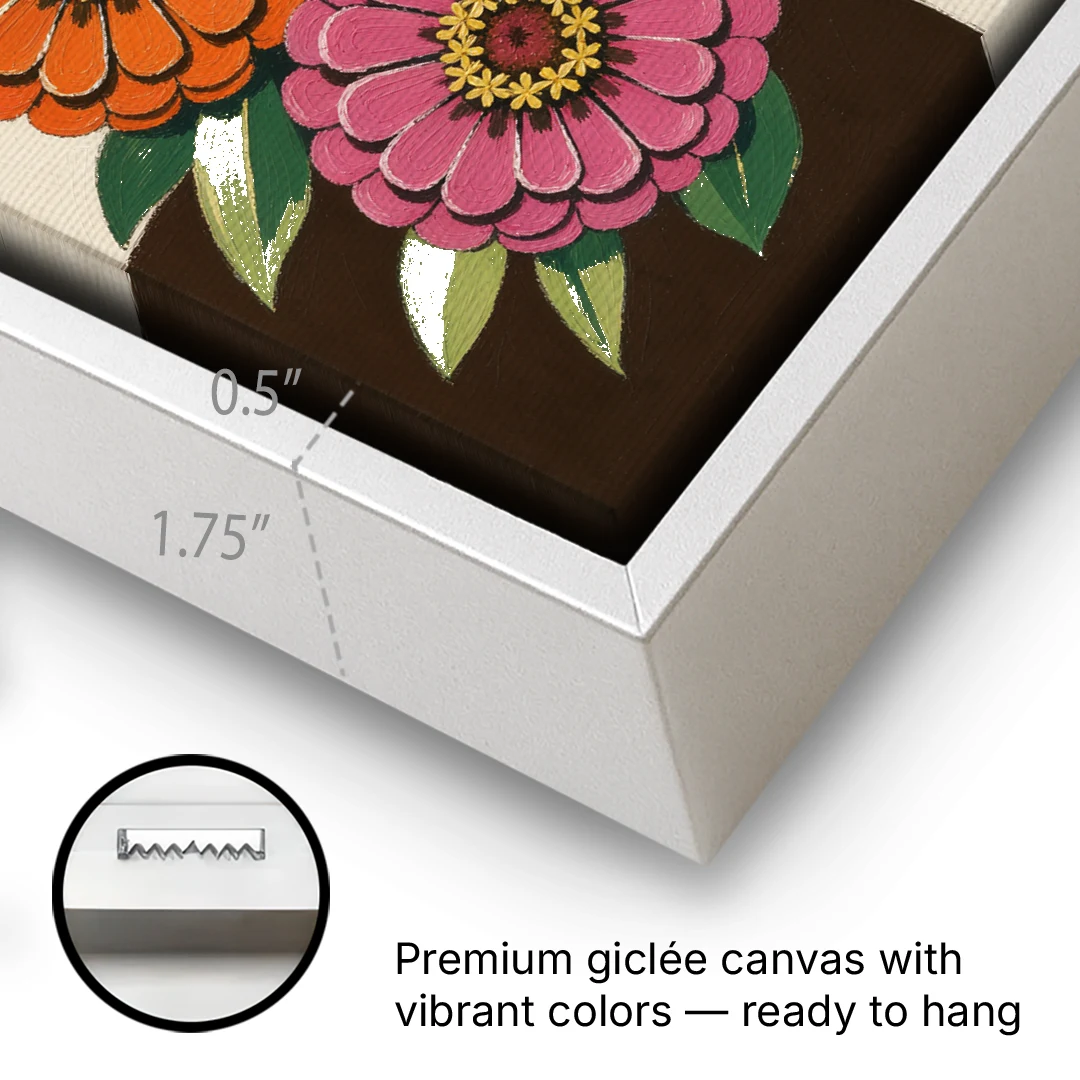Retro Pink and Orange Zinnia Cluster - White Framed Canvas Wall Art - Gallery Wrap Corner