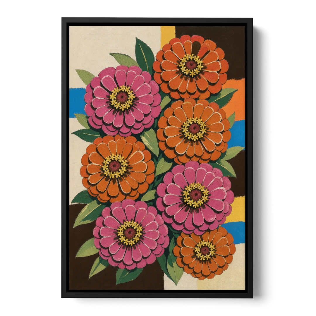 Retro Pink and Orange Zinnia Cluster - Black Framed Canvas Wall Art - Front