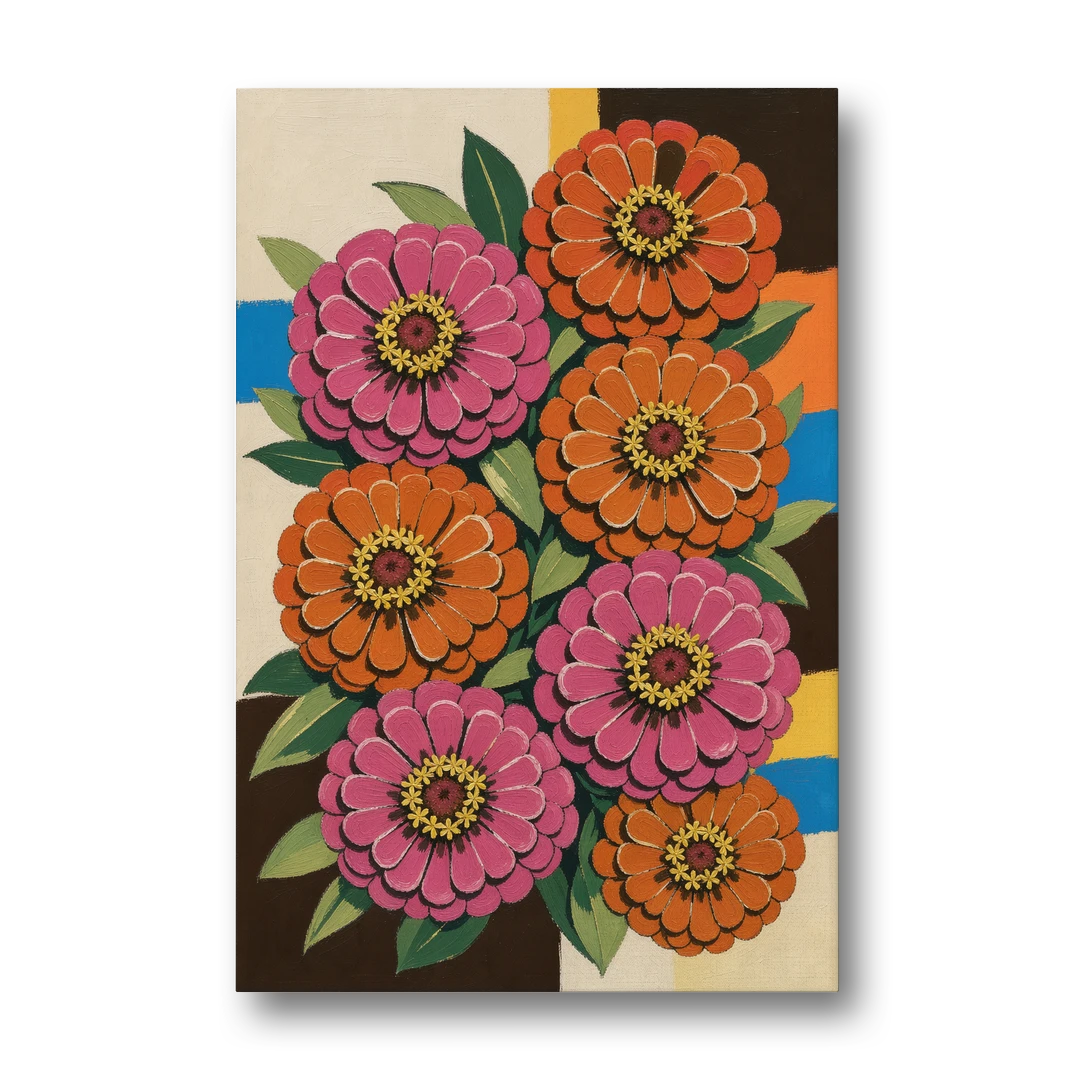 Retro Pink and Orange Zinnia Cluster - Canvas Wall Art - Front