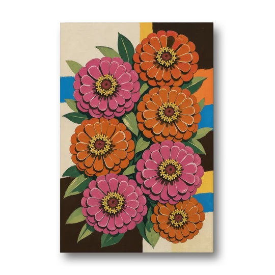 Retro Pink and Orange Zinnia Cluster - Canvas Wall Art - Front