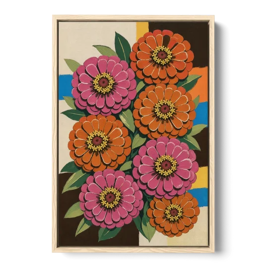 Retro Pink and Orange Zinnia Cluster - Oak Framed Canvas Wall Art - Front
