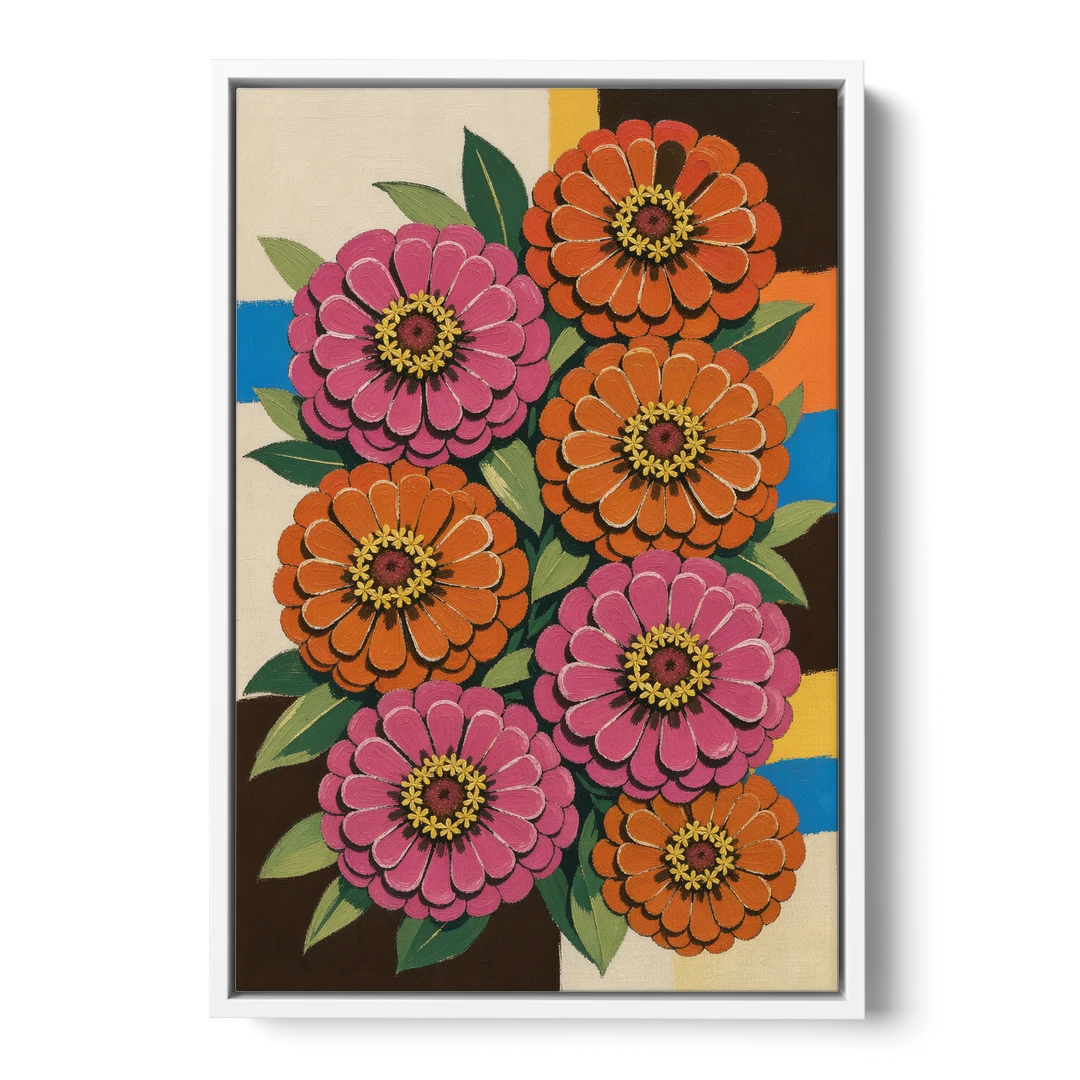 Retro Pink and Orange Zinnia Cluster - White Framed Canvas Wall Art - Front