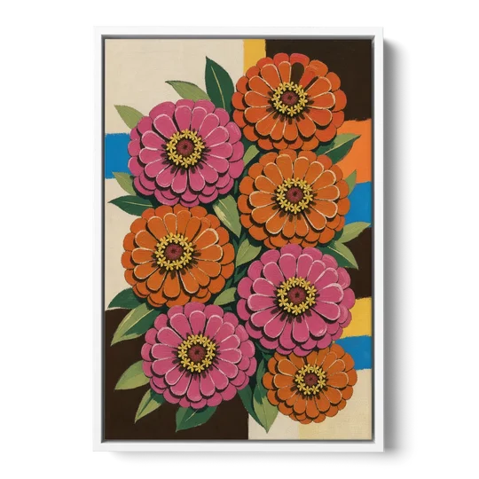 Retro Pink and Orange Zinnia Cluster - White Framed Canvas Wall Art - Front