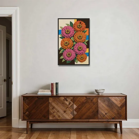 Retro Pink and Orange Zinnia Cluster - Black Framed Canvas Wall Art - Coffee Table - 24x36