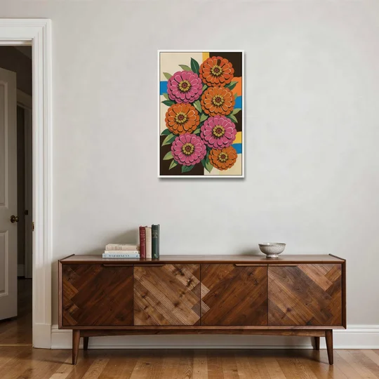Retro Pink and Orange Zinnia Cluster - White Framed Canvas Wall Art - Coffee Table - 24x36