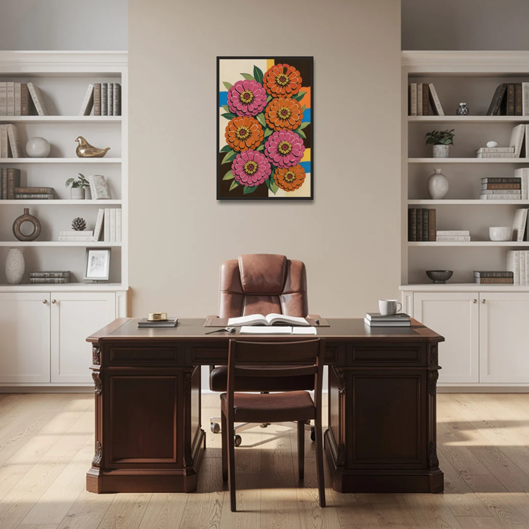 Retro Pink and Orange Zinnia Cluster - Black Framed Canvas Wall Art - Office - 24x36