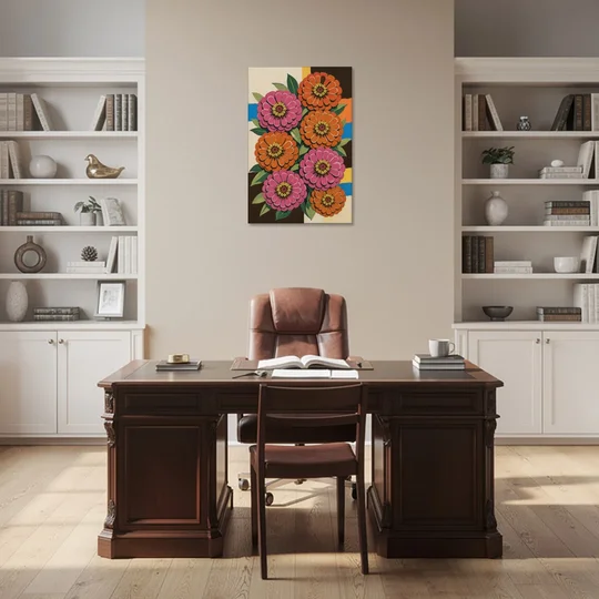 Retro Pink and Orange Zinnia Cluster - Canvas Wall Art - Office - 24x36