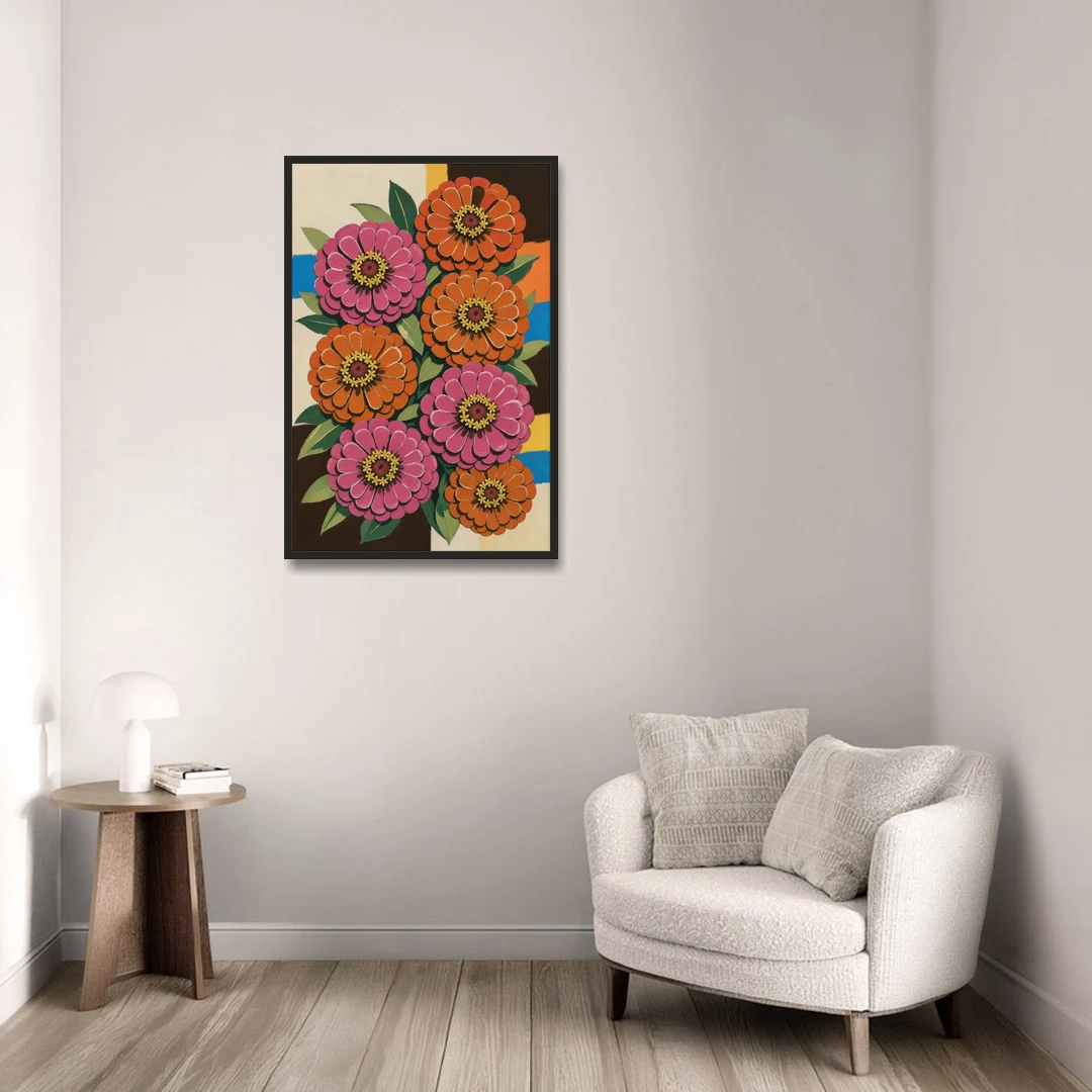 Retro Pink and Orange Zinnia Cluster - Black Framed Canvas Wall Art - Sofa - 24x36