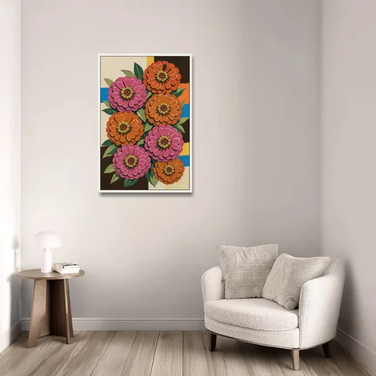 Retro Pink and Orange Zinnia Cluster - White Framed Canvas Wall Art - Sofa - 24x36