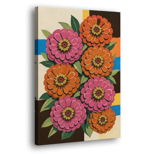 Retro Pink and Orange Zinnia Cluster - Canvas Wall Art - Side