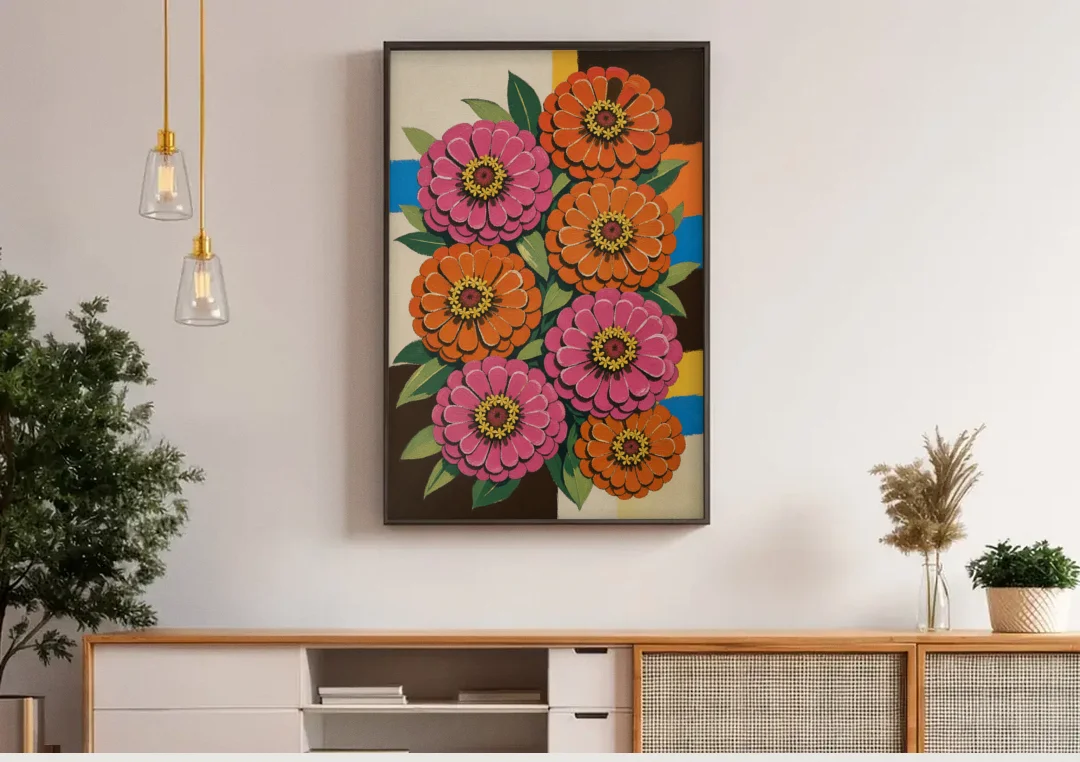 Retro Pink and Orange Zinnia Cluster canvas wall art above a wooden sideboard under pendant lights