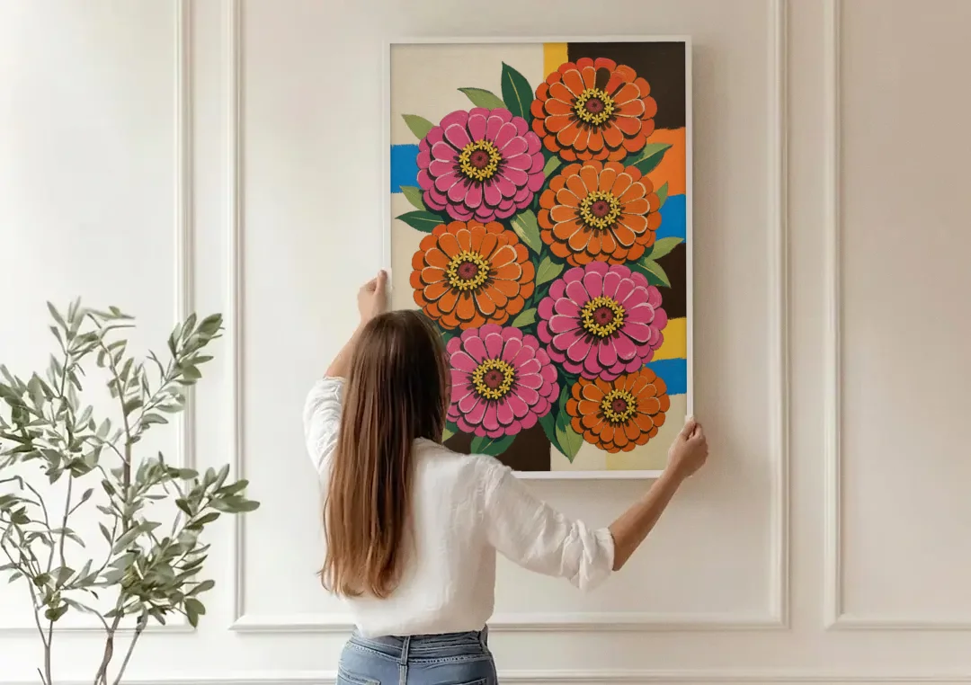 Retro Pink and Orange Zinnia Cluster canvas wall art being hung on a paneled wall