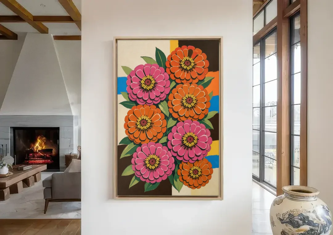 Retro Pink and Orange Zinnia Cluster canvas wall art in a living room with a fireplace