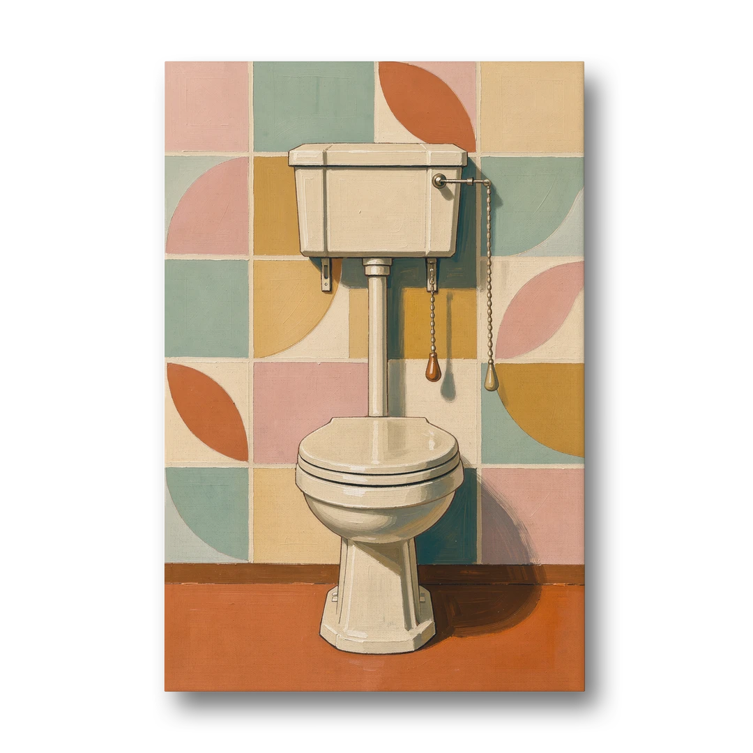 Retro Wall Art High Tank Toilet on Patchwork Tiles - Canvas Wall Art - Front