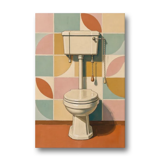 Retro Wall Art High Tank Toilet on Patchwork Tiles - Canvas Wall Art - Front