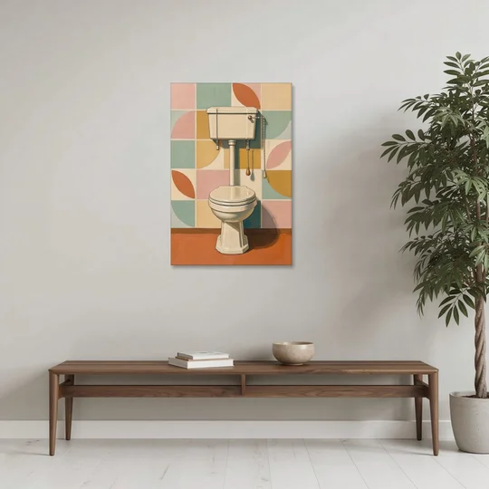 Retro Wall Art High Tank Toilet on Patchwork Tiles - Canvas Wall Art - Coffee Table - 24x36