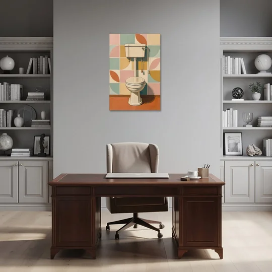 Retro Wall Art High Tank Toilet on Patchwork Tiles - Canvas Wall Art - Office - 24x36