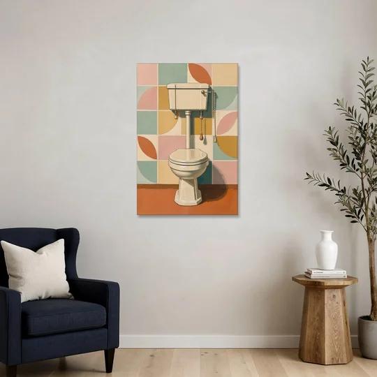 Retro Wall Art High Tank Toilet on Patchwork Tiles - Canvas Wall Art - Sofa - 24x36
