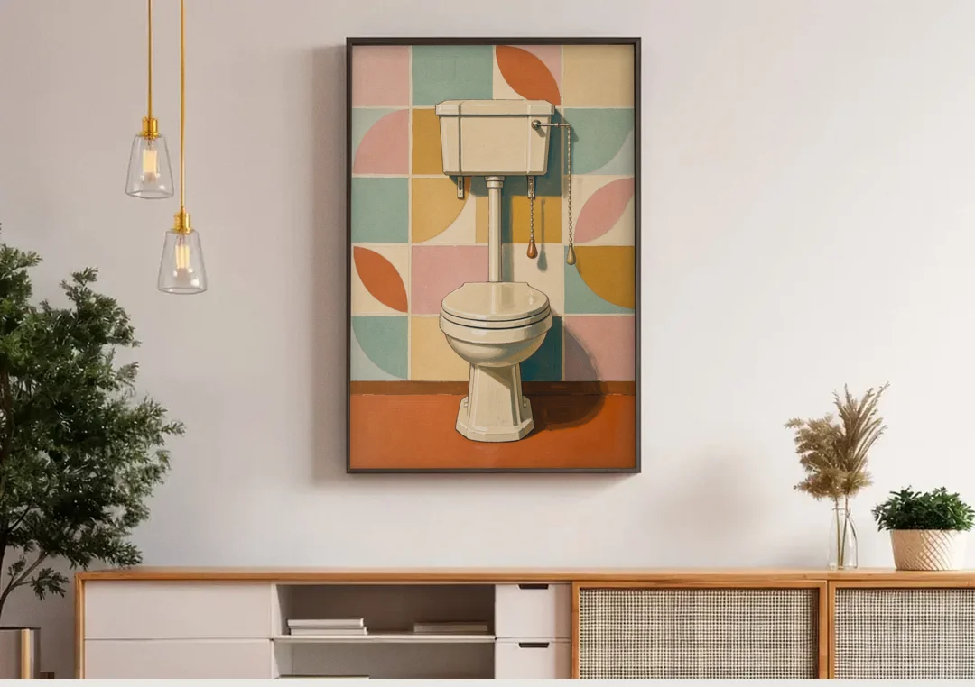 Retro Wall Art High Tank Toilet on Patchwork Tiles canvas wall art above a wooden sideboard under pendant lights
