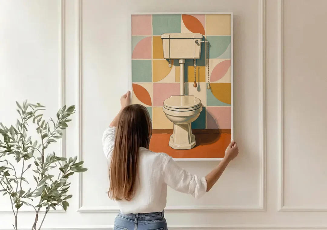 Retro Wall Art High Tank Toilet on Patchwork Tiles canvas wall art being hung on a paneled wall