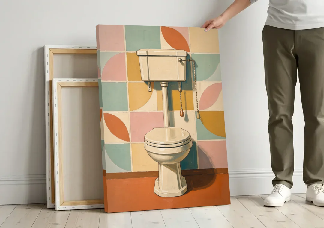 Retro Wall Art High Tank Toilet on Patchwork Tiles canvas wall art leaning against a wall next to blank canvases