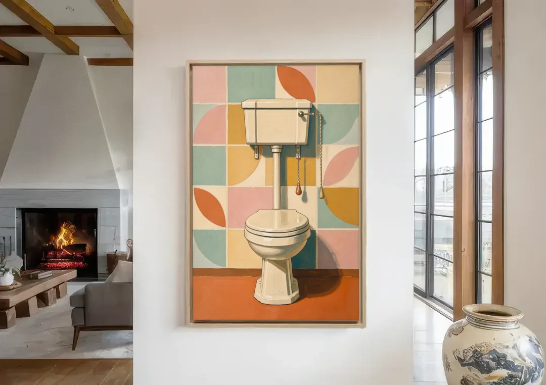 Retro Wall Art High Tank Toilet on Patchwork Tiles canvas wall art in a living room with a fireplace