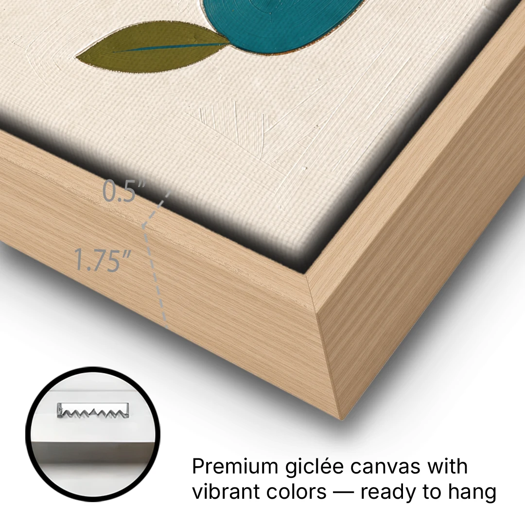 Retro Wall Decor with Teal Pebble and Coral Sun - Oak Framed Canvas Wall Art - Gallery Wrap Corner