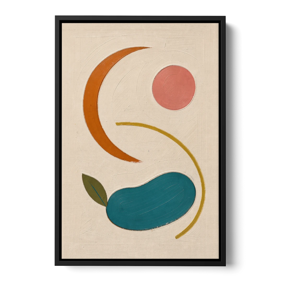 Retro Wall Decor with Teal Pebble and Coral Sun - Black Framed Canvas Wall Art - Front