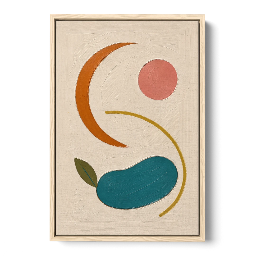 Retro Wall Decor with Teal Pebble and Coral Sun - Oak Framed Canvas Wall Art - Front