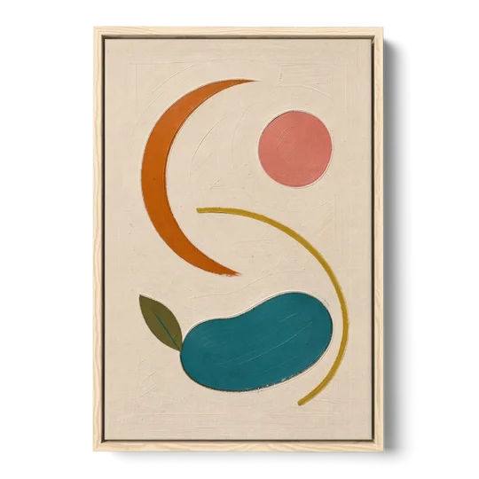 Retro Wall Decor with Teal Pebble and Coral Sun - Oak Framed Canvas Wall Art - Front