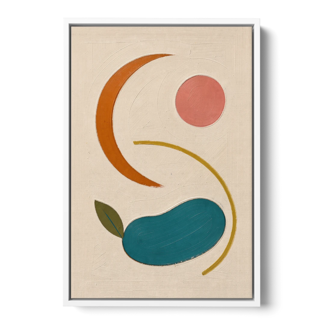 Retro Wall Decor with Teal Pebble and Coral Sun - White Framed Canvas Wall Art - Front