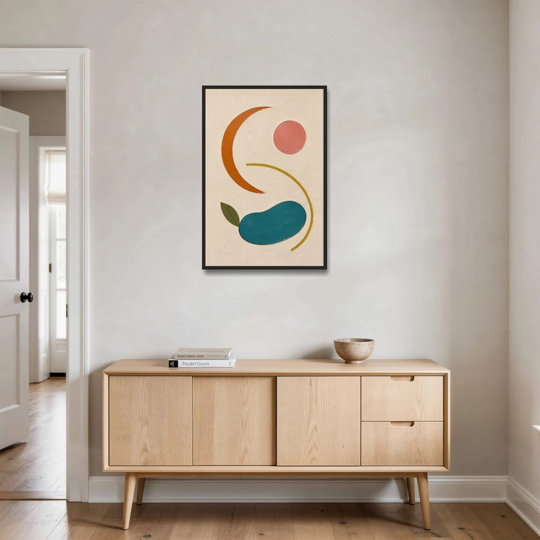 Retro Wall Decor with Teal Pebble and Coral Sun - Black Framed Canvas Wall Art - Coffee Table - 24x36