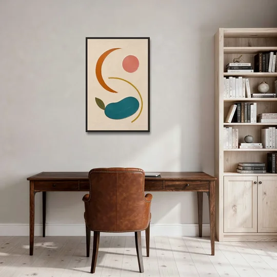 Retro Wall Decor with Teal Pebble and Coral Sun - Black Framed Canvas Wall Art - Office - 24x36
