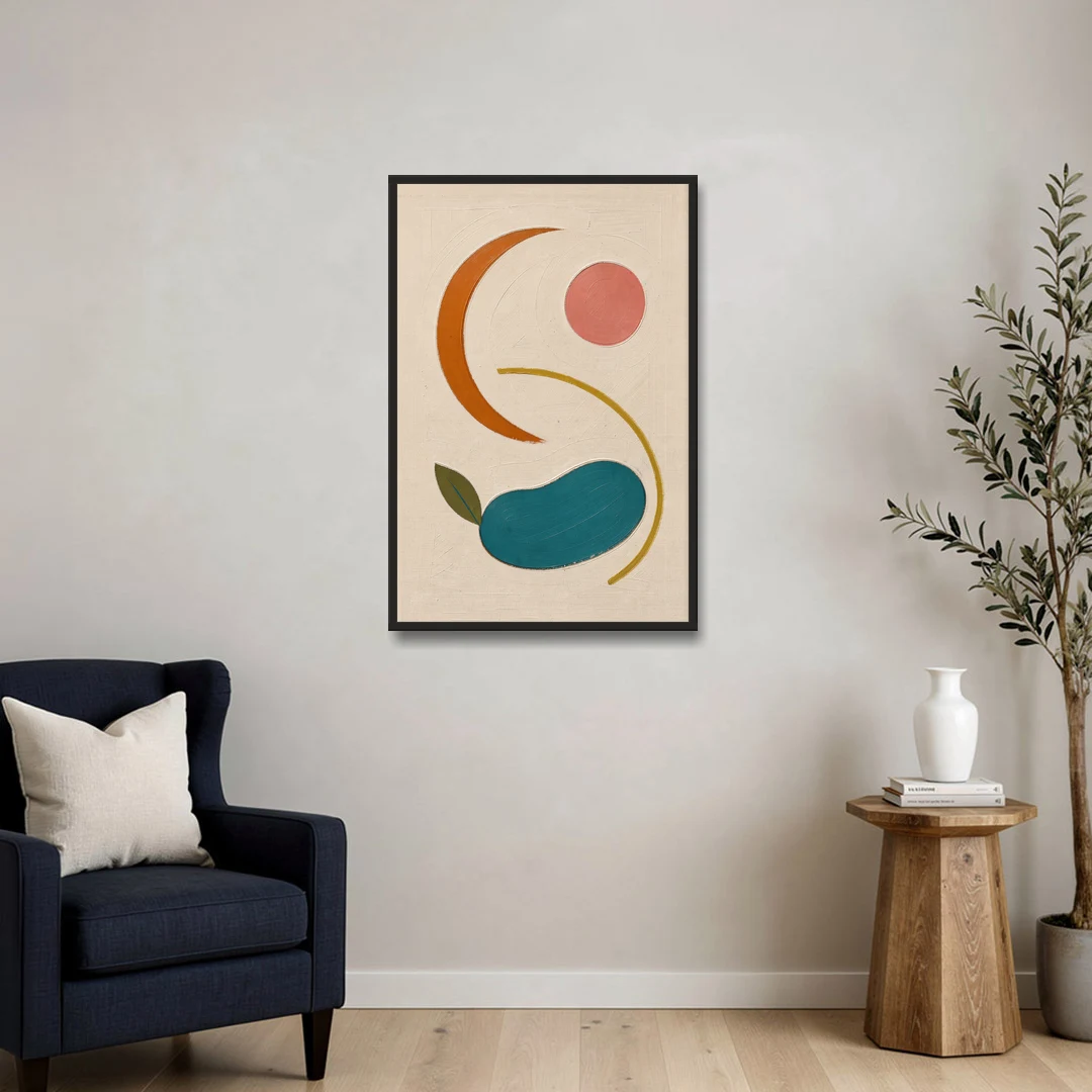 Retro Wall Decor with Teal Pebble and Coral Sun - Black Framed Canvas Wall Art - Sofa - 24x36