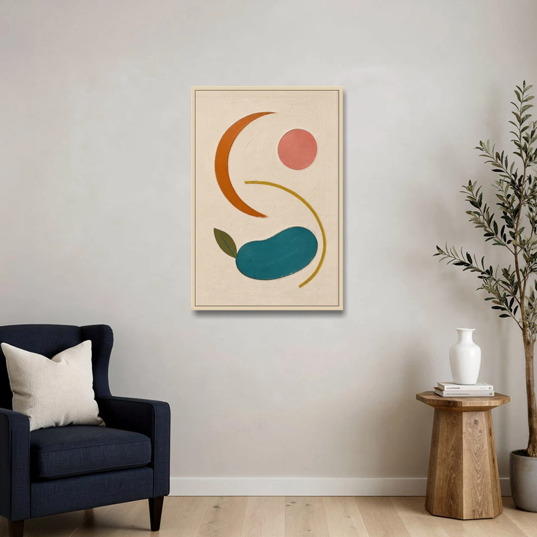 Retro Wall Decor with Teal Pebble and Coral Sun - Oak Framed Canvas Wall Art - Sofa - 24x36