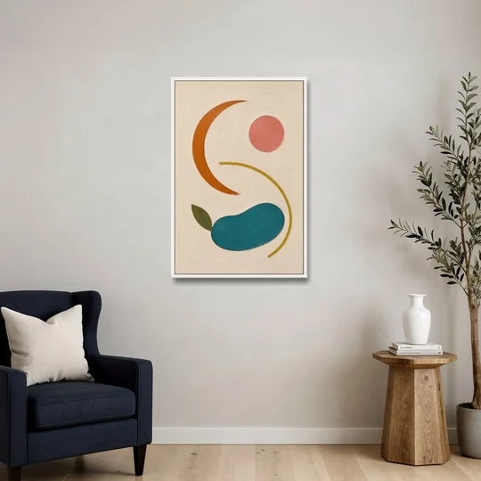 Retro Wall Decor with Teal Pebble and Coral Sun - White Framed Canvas Wall Art - Sofa - 24x36