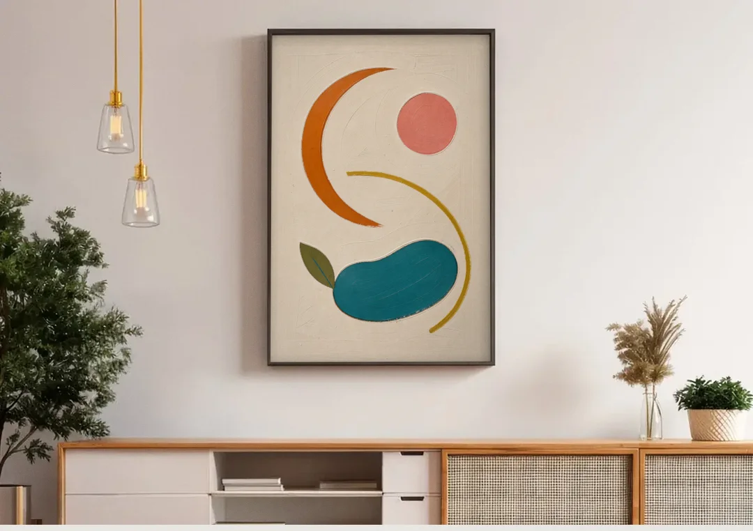 Retro Wall Decor with Teal Pebble and Coral Sun canvas wall art above a wooden sideboard under pendant lights