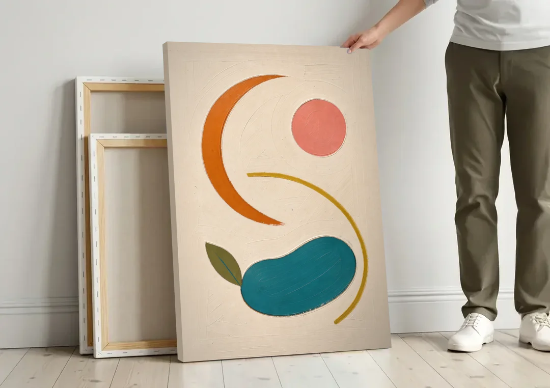 Retro Wall Decor with Teal Pebble and Coral Sun canvas wall art leaning against a wall next to blank canvases