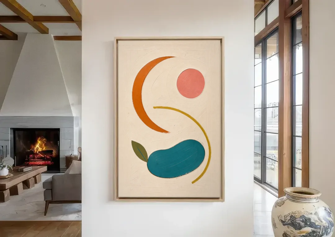 Retro Wall Decor with Teal Pebble and Coral Sun canvas wall art in a living room with a fireplace