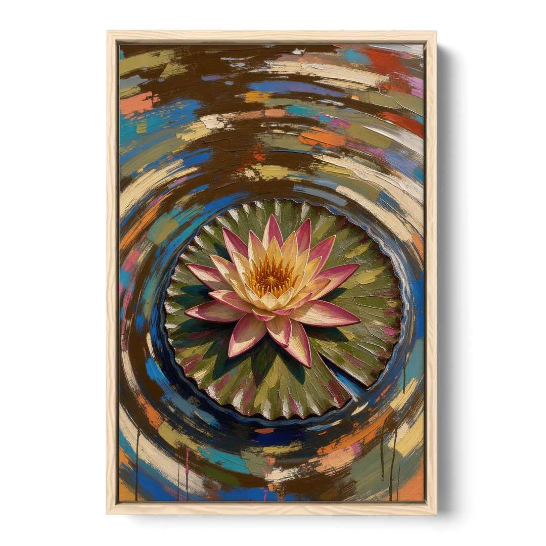 Retro Water Lily in Ripple Rings for the Bathroom - Oak Framed Canvas Wall Art - Front