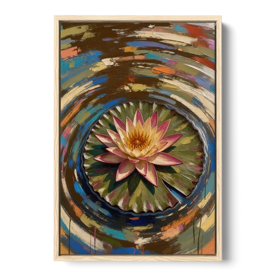 Retro Water Lily in Ripple Rings for the Bathroom - Oak Framed Canvas Wall Art - Front
