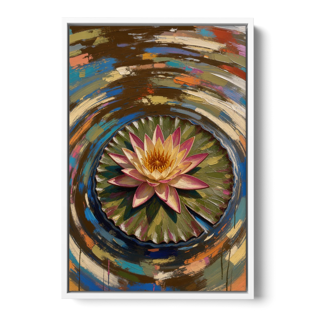 Retro Water Lily in Ripple Rings for the Bathroom - White Framed Canvas Wall Art - Front