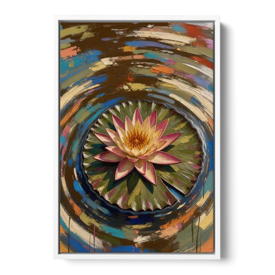 Retro Water Lily in Ripple Rings for the Bathroom - White Framed Canvas Wall Art - Front
