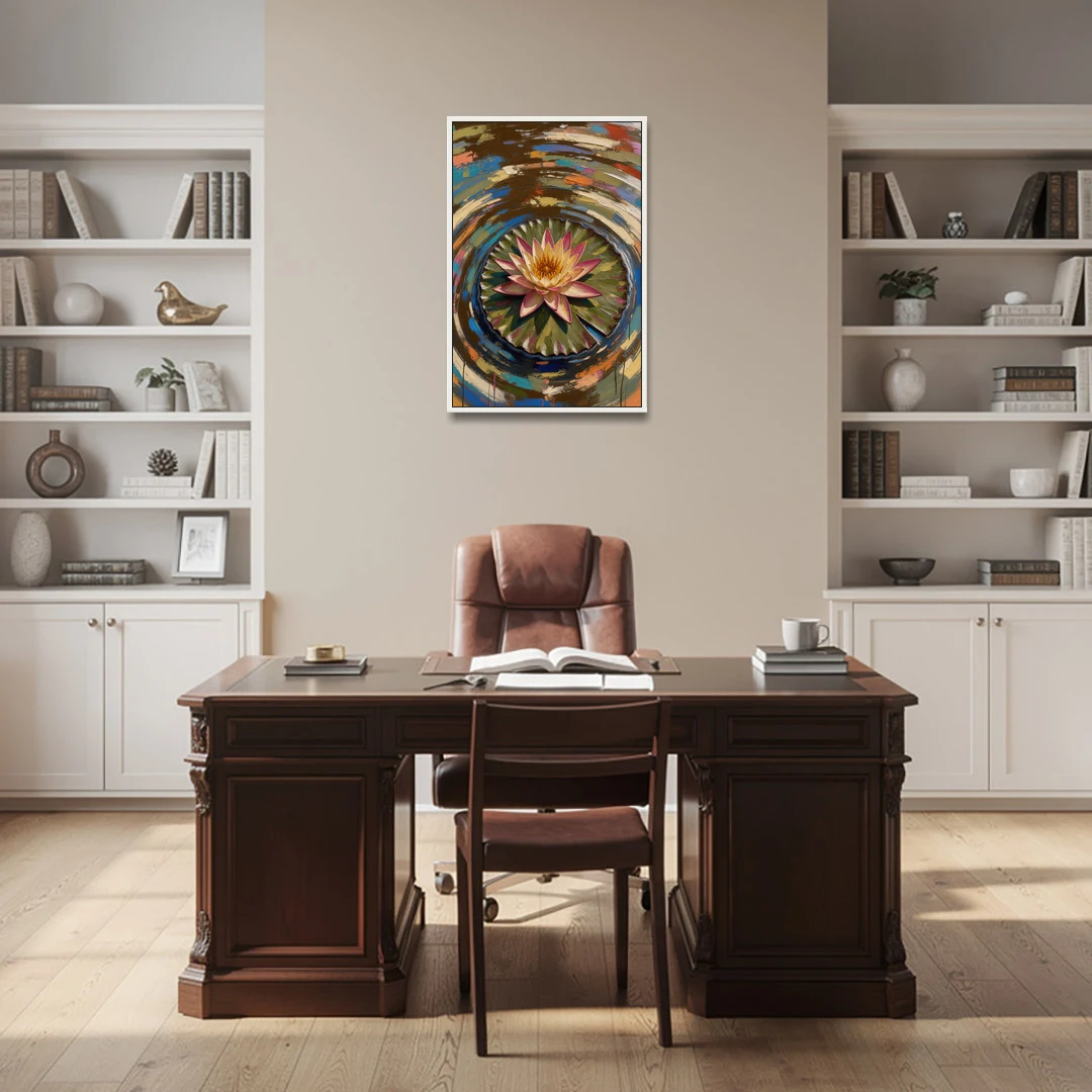 Retro Water Lily in Ripple Rings for the Bathroom - White Framed Canvas Wall Art - Office - 24x36